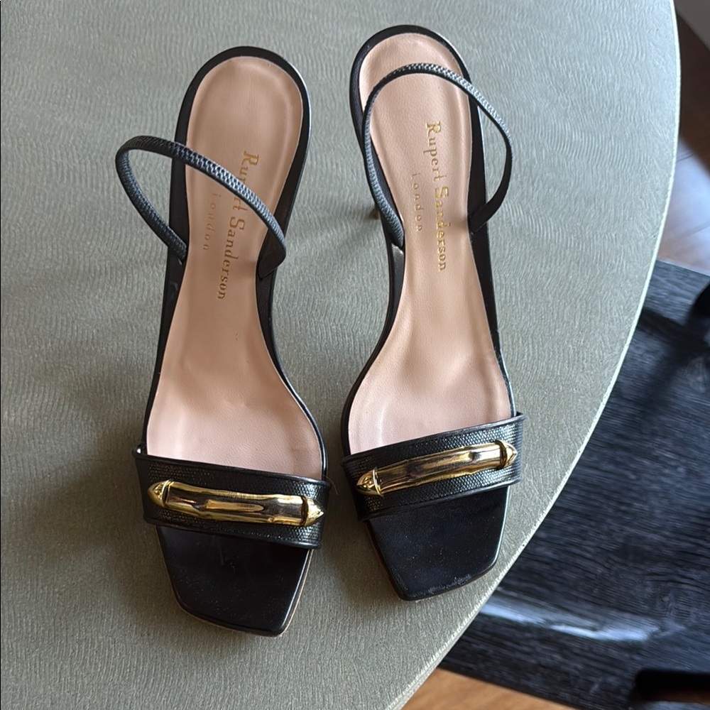 Rupert Sanderson Black Slingback Heels with Gold Accent